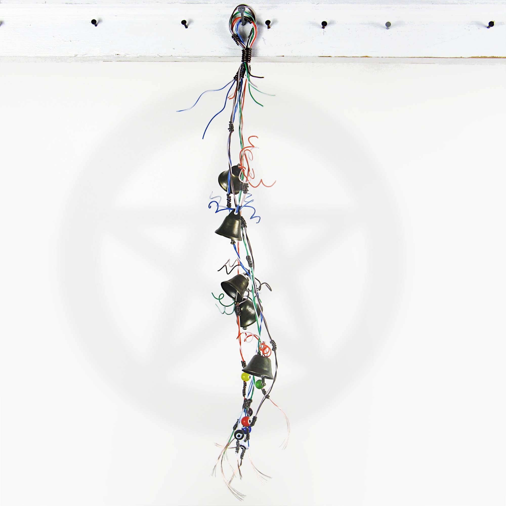 Witch's Bell Made With Multi-colored Telephone Wire and Glass Evil Eye Beads Handmade Energy Cleansing Protection Pagan Wiccan Sacred Space Healing Rustic Primitive | Woot & Hammy