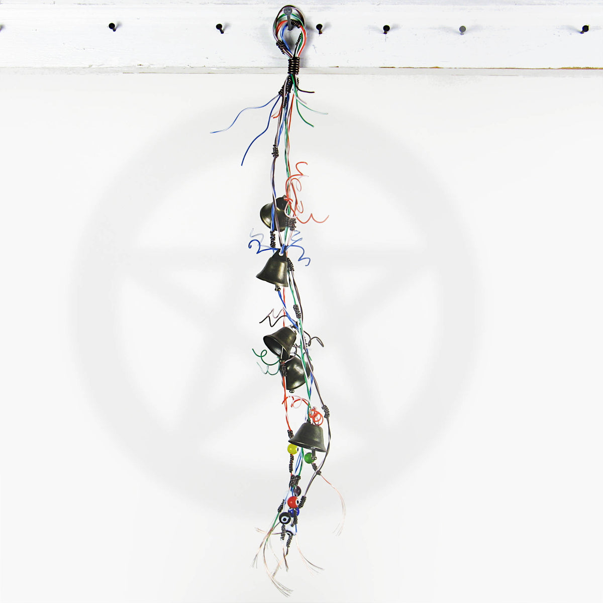 Witch's Bell Made With Multi-colored Telephone Wire and Glass Evil Eye Beads Handmade Energy Cleansing Protection Pagan Wiccan Sacred Space Healing Rustic Primitive | Woot & Hammy
