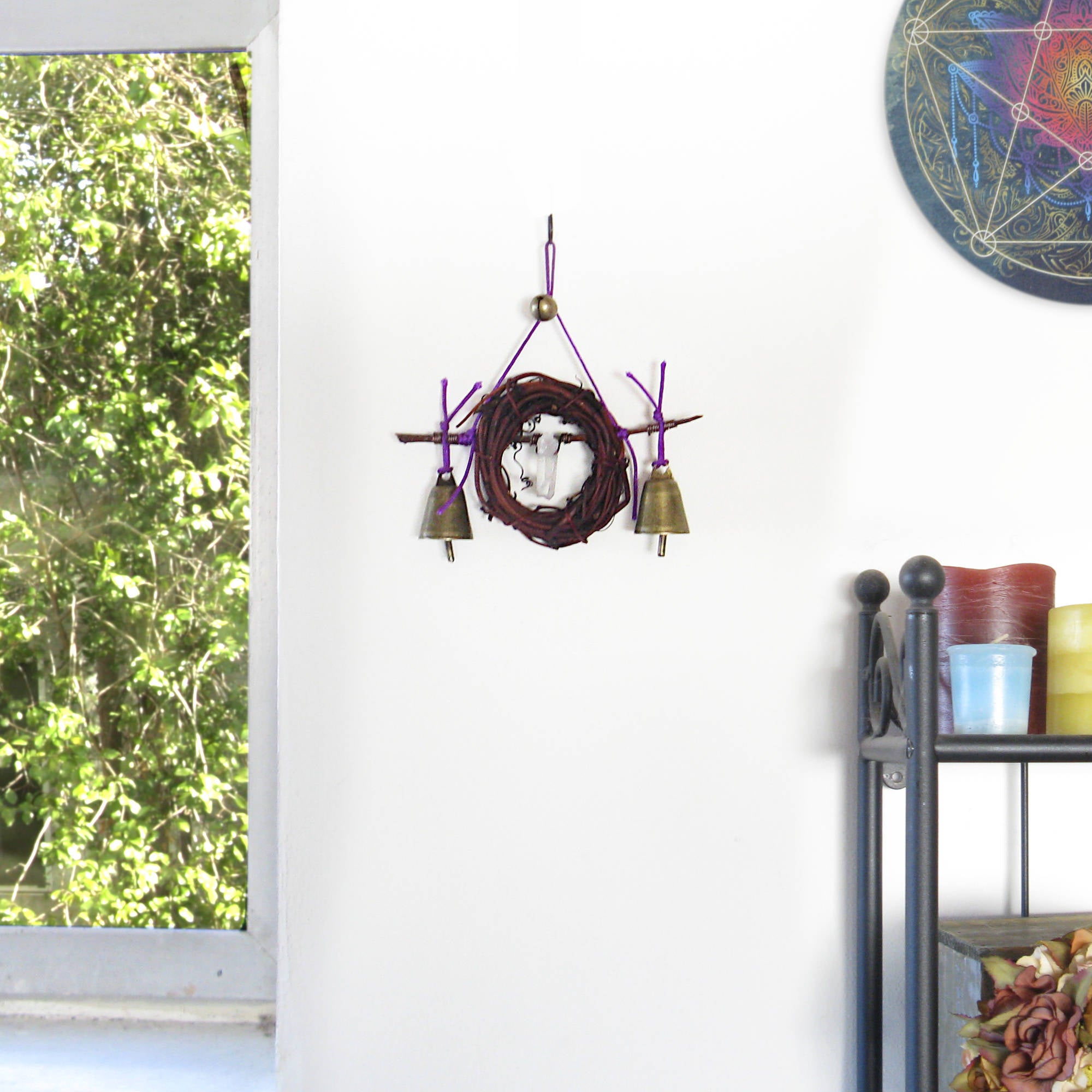 Witch's Bell Twig Wreath Quartz Point Purple Cord Handcrafted