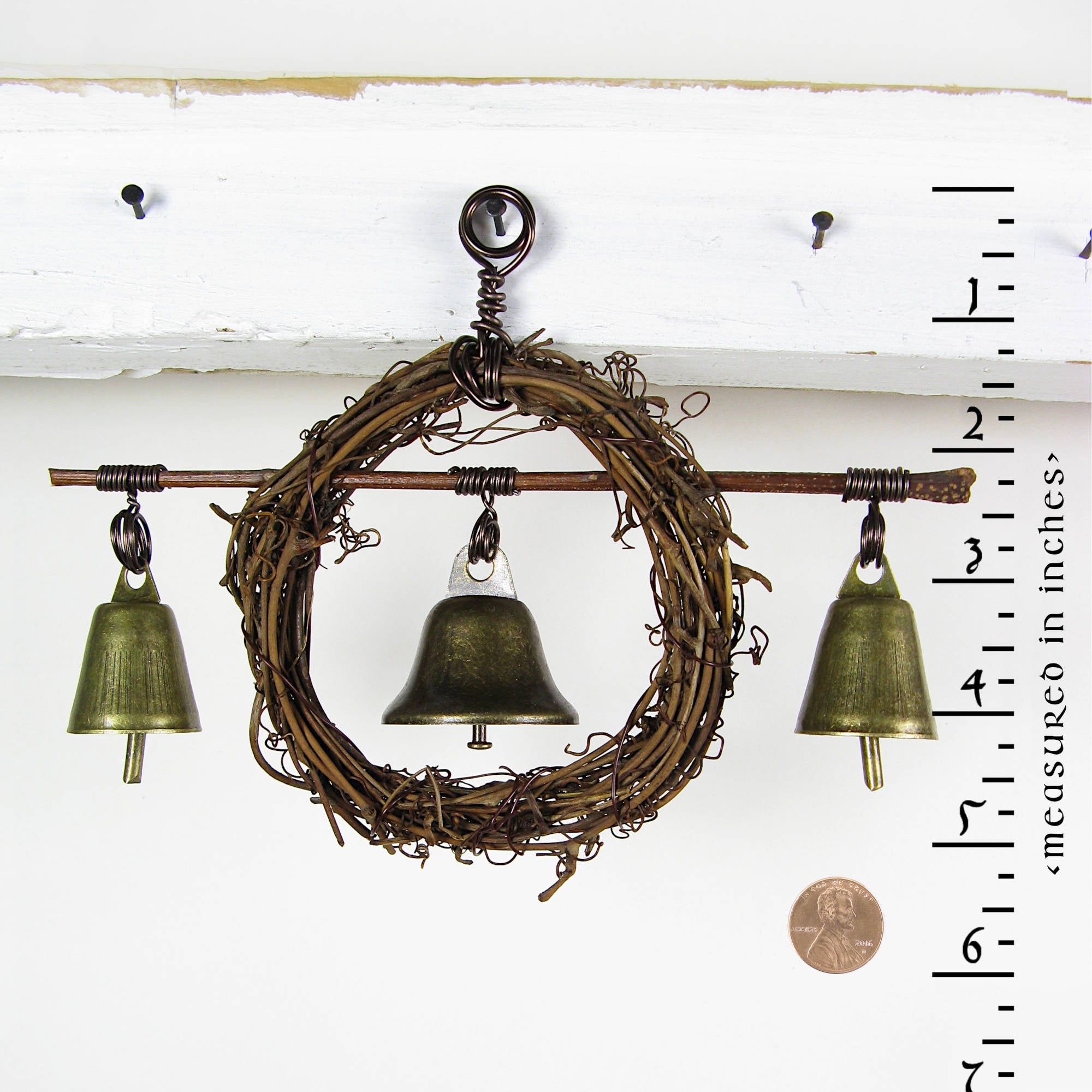 Rustic Witch's Bell Wreath Slender Twig 3 Bells Handmade Pagan Wiccan Cleansing Energy Protection Decoration Sacred Space Altar Nature Primitive Nature Sacred Space | Woot & Hammy