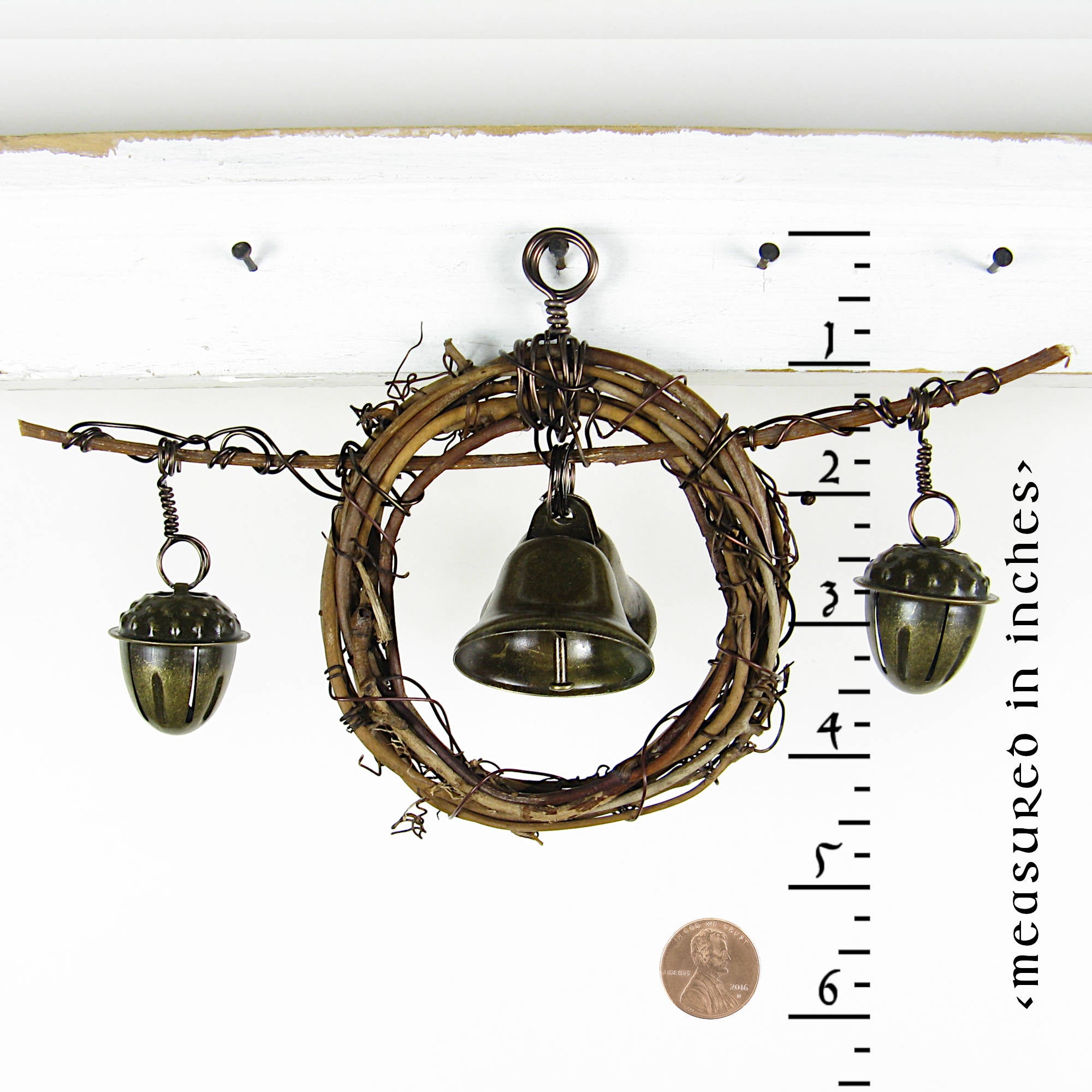 Rustic Witch's Bell Wreath Curved Twig Acorn Bells Handmade Cleansing Protection Pagan Wiccan Decoration Sacred Space Nature Primitive | Woot & Hammy