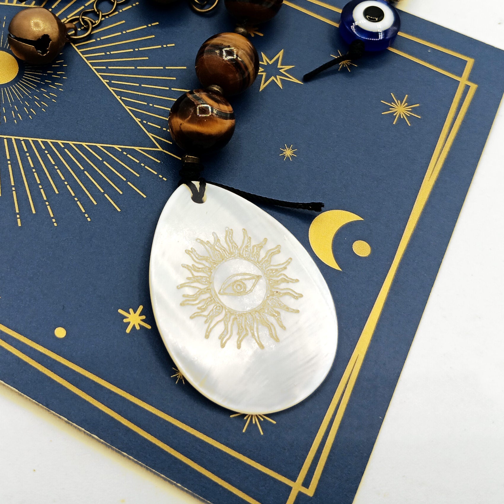 Protective Evil Eye Talisman With Tiger's Eye Beads & Shell