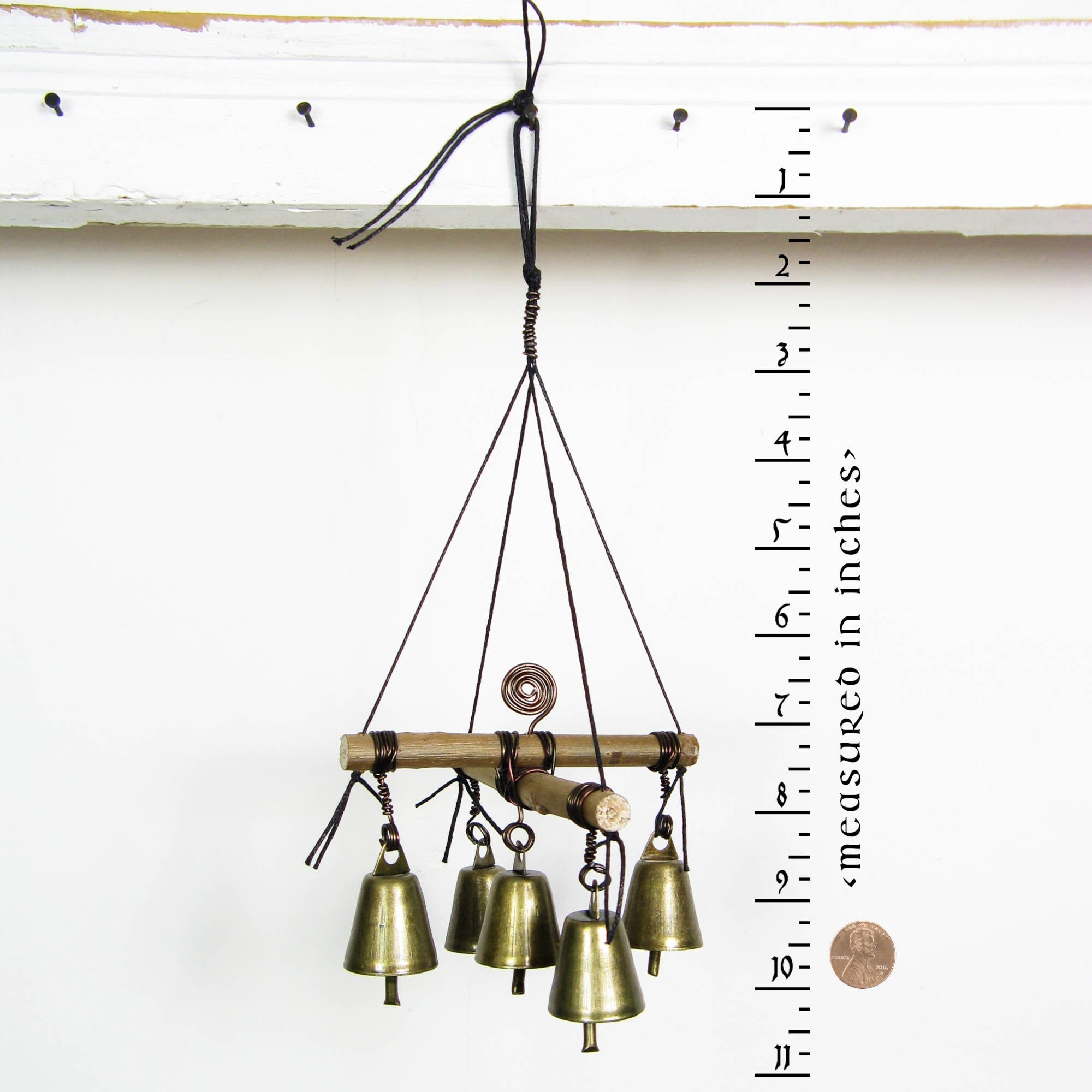 Witch's Hanging Rustic Cross of Twigs w/ Five Bells and Spiral Handmade Pagan | Woot & Hammy