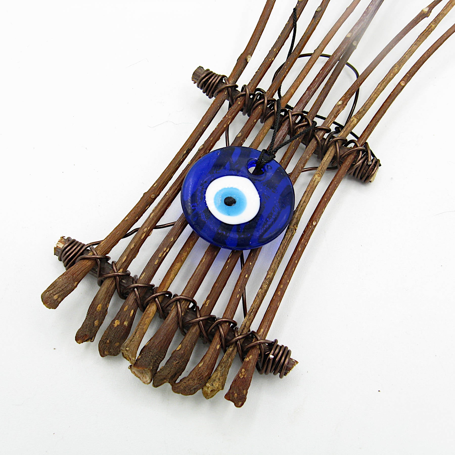Wall Hanging with Blue Glass Evil Eye and Long Thin Twigs Handcrafted Energy Cleansing Rustic Primitive Wiccan Pagan | Woot & Hammy