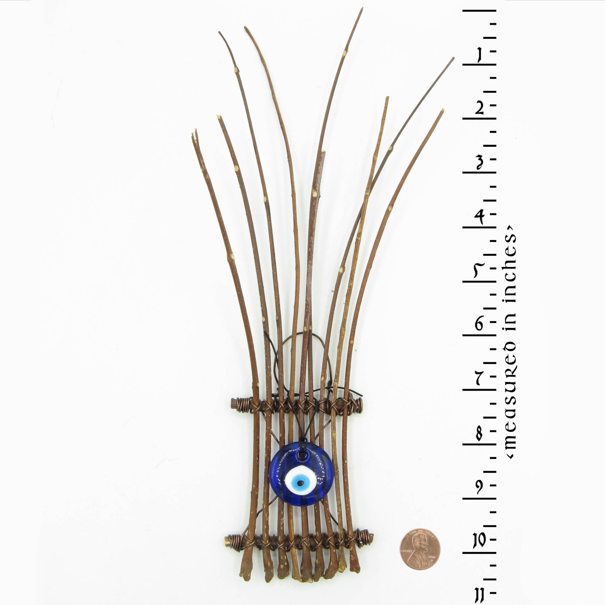 Wall Hanging with Blue Glass Evil Eye and Long Thin Twigs Handcrafted Energy Cleansing Rustic Primitive Wiccan Pagan | Woot & Hammy