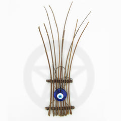 Wall Hanging with Blue Glass Evil Eye and Long Thin Twigs Handcrafted Energy Cleansing Rustic Primitive Wiccan Pagan | Woot & Hammy
