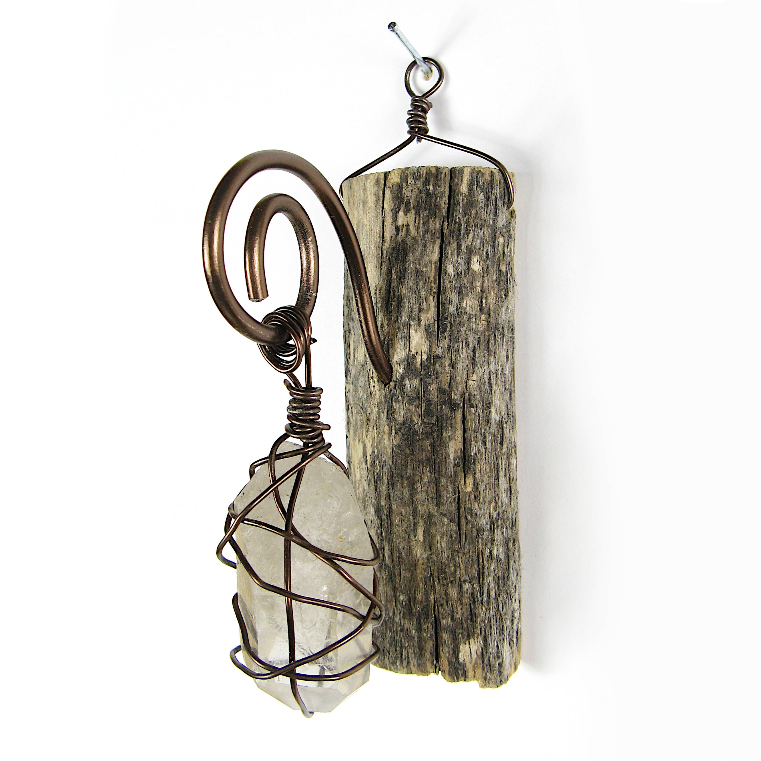Wall Hanging Weathered Branch with Wire-Wrapped Raw Quartz - Handcrafted - Pagan Wiccan Spiritual Protection Rustic Primitive Nature Sacred Space Witchy Gift Decor Handmade | Woot & Hammy