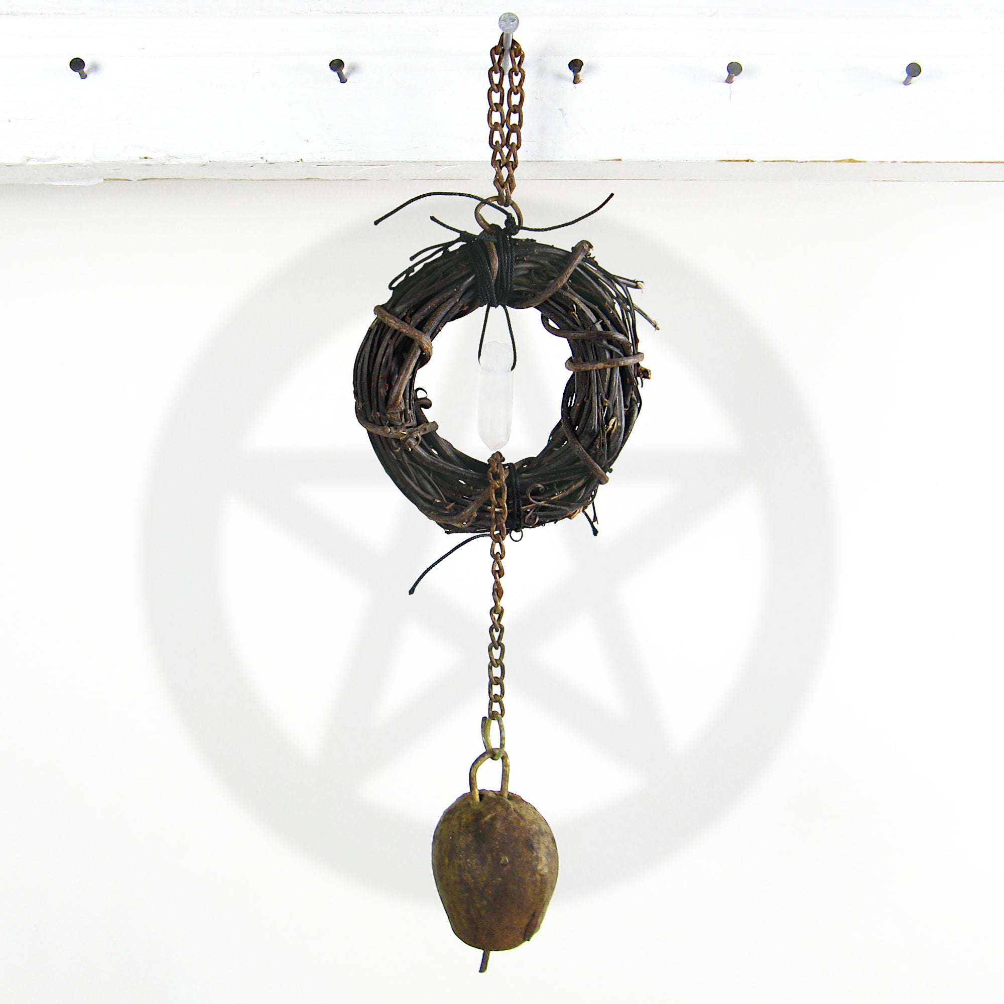 Hanging Witch's Bell Wreath Quartz Rusty Bell Chain Handcrafted Wiccan Protection
