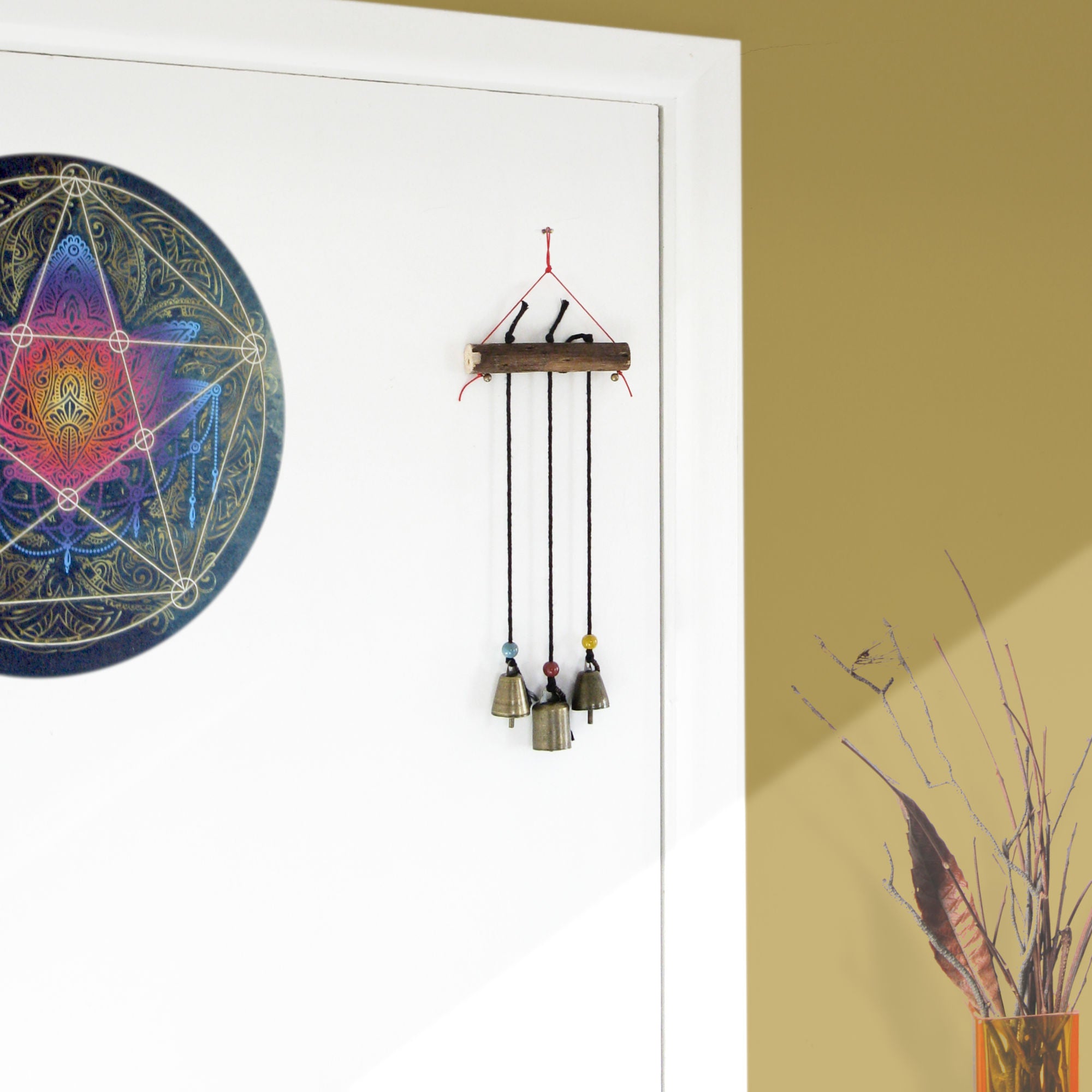 Three Witch's Bells On Long Black Cords Hang from Branch Handcrafted