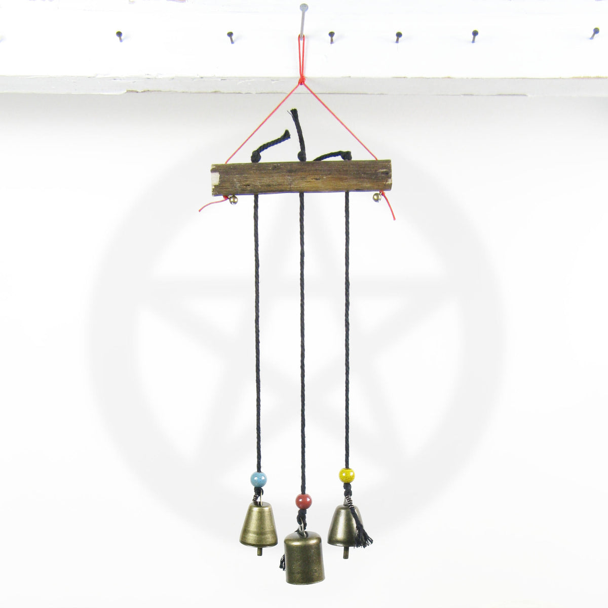 Three Witch's Bells On Long Black Cords Hang from Branch Handcrafted