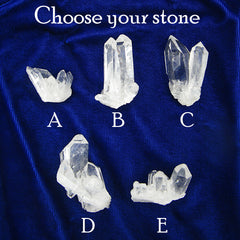 View of 5 different clear quartz crystal clusters labeled on a dark background