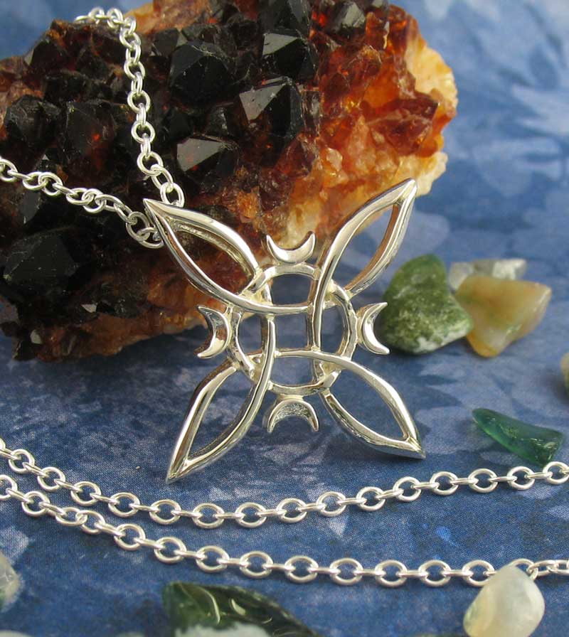 Witch's Knot with 4 Crescent Moons Pendant, Handmade with chain