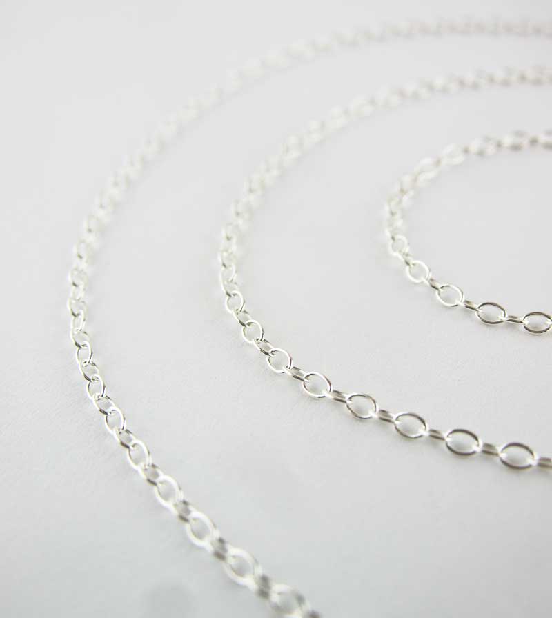Thin lightweight 1.3 mm Simple Cable Chain Custom Length up to extra long 44 inches lobster claw clasp, Unplated Sterling Silver, closeup 2
