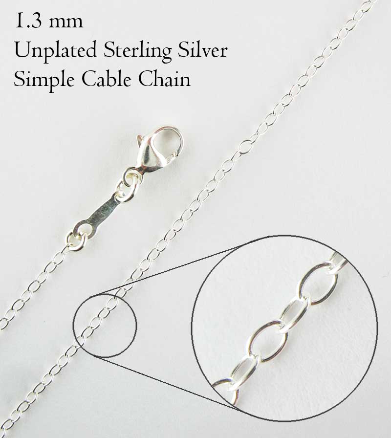 Thin lightweight 1.3 mm Simple Cable Chain Custom Length up to extra long 44 inches lobster claw clasp, Unplated Sterling Silver