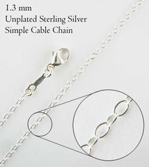 Thin lightweight 1.3 mm Simple Cable Chain Custom Length up to extra long 44 inches lobster claw clasp, Unplated Sterling Silver