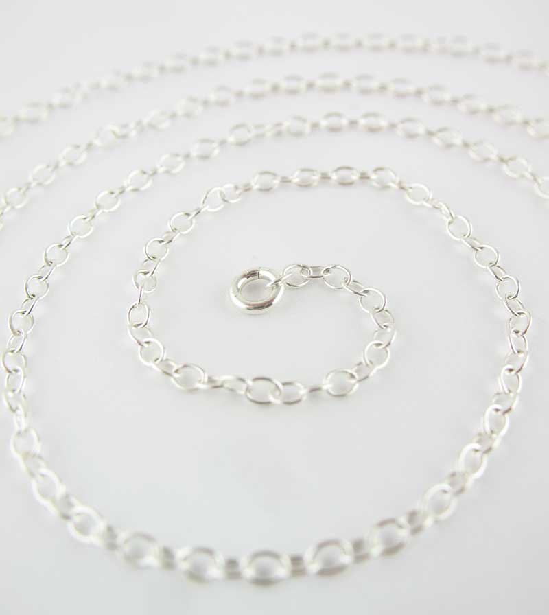 1.6 mm Simple Cable Chain, Custom length up to extra long 44 inches w/ lobster claw clasp, Unplated Sterling Silver, closeup 2