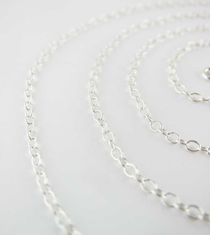 1.6 mm Simple Cable Chain, Custom length up to extra long 44 inches w/ lobster claw clasp, Unplated Sterling Silver, closeup 3