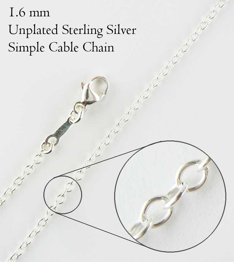 1.6 mm Simple Cable Chain, Custom length up to extra long 44 inches w/ lobster claw clasp, Unplated Sterling Silver