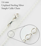 1.6 mm Simple Cable Chain, Custom length up to extra long 44 inches w/ lobster claw clasp, Unplated Sterling Silver