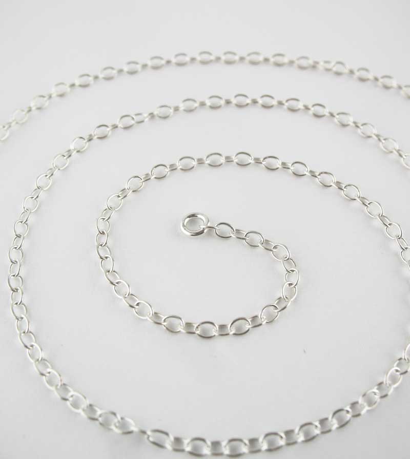 Medium Weight 2.1 mm Cable Chain Necklace Custom Length Lobster Claw Clasp, Unplated Sterling Silver, closeup 1