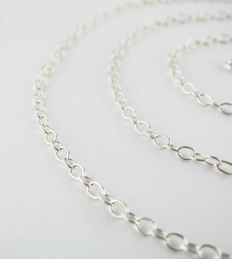 Medium Weight 2.1 mm Cable Chain Necklace Custom Length Lobster Claw Clasp, Unplated Sterling Silver, closeup 2