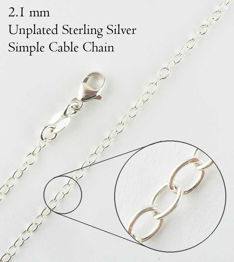 Medium Weight 2.1 mm Cable Chain Necklace Custom Length Lobster Claw Clasp, Unplated Sterling Silver