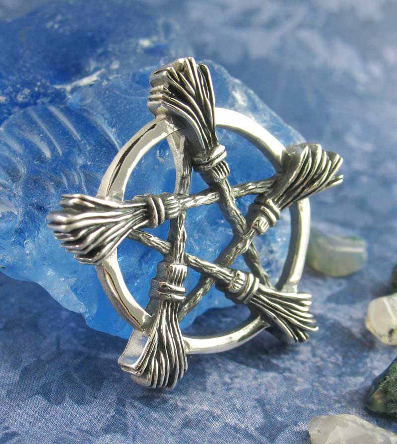 Brooms Besoms Pentacle Necklace Pendant Pentagram Wiccan Star White Witch Witchcraft Woman Pagan Wicca Witchy Unique Alchemy Gift Handle oblique view