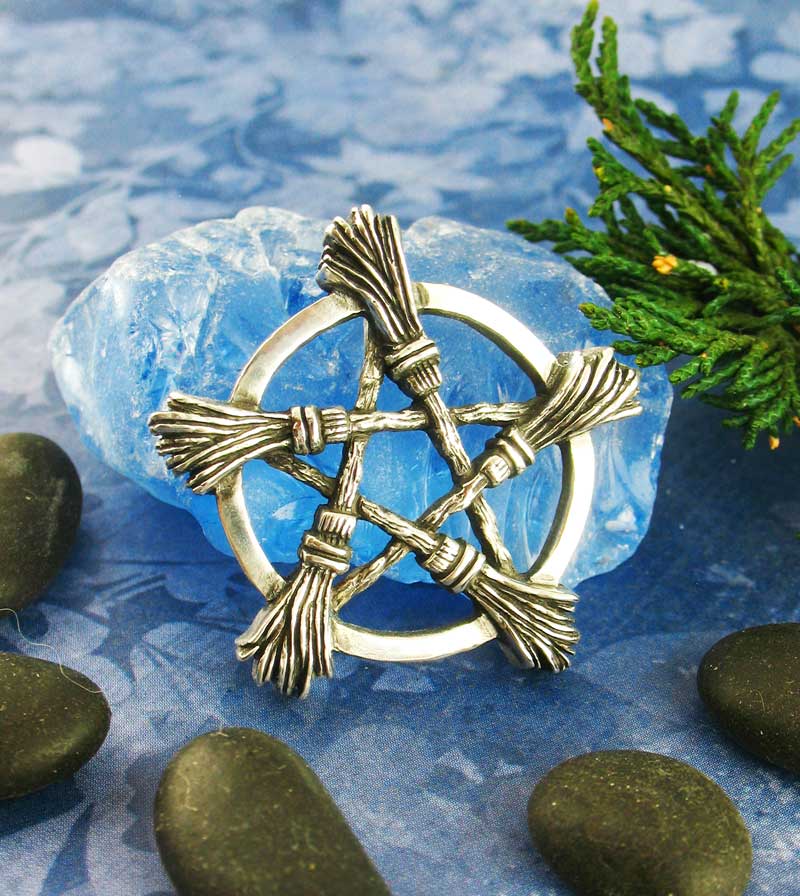 Five Brooms Besoms Pentacle Pentagram Pendant Necklace Wiccan Witchy Wicca Pagan Witchcraft Oxidized Antiqued Handmade