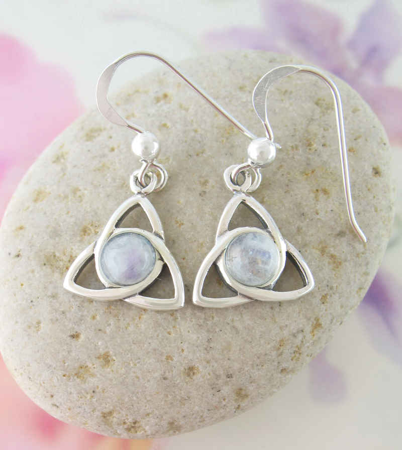 Triquetra With Rainbow Moonstone Cabochon Drop Earrings