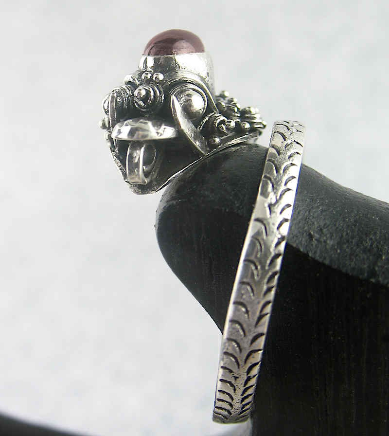 Eastern Dragon Adjustable Wrap Ring Red Garnet Cabochon Sterling Silver Granulation Detailed Side view