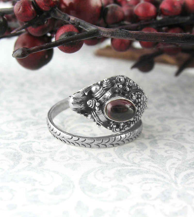 Eastern Dragon Adjustable Wrap Ring Red Garnet Cabochon Sterling Silver Granulation Detailed Top View 2