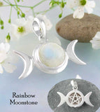 Hidden Pentacle Triple Moon Pendant With Rainbow Moonstone Cabochon