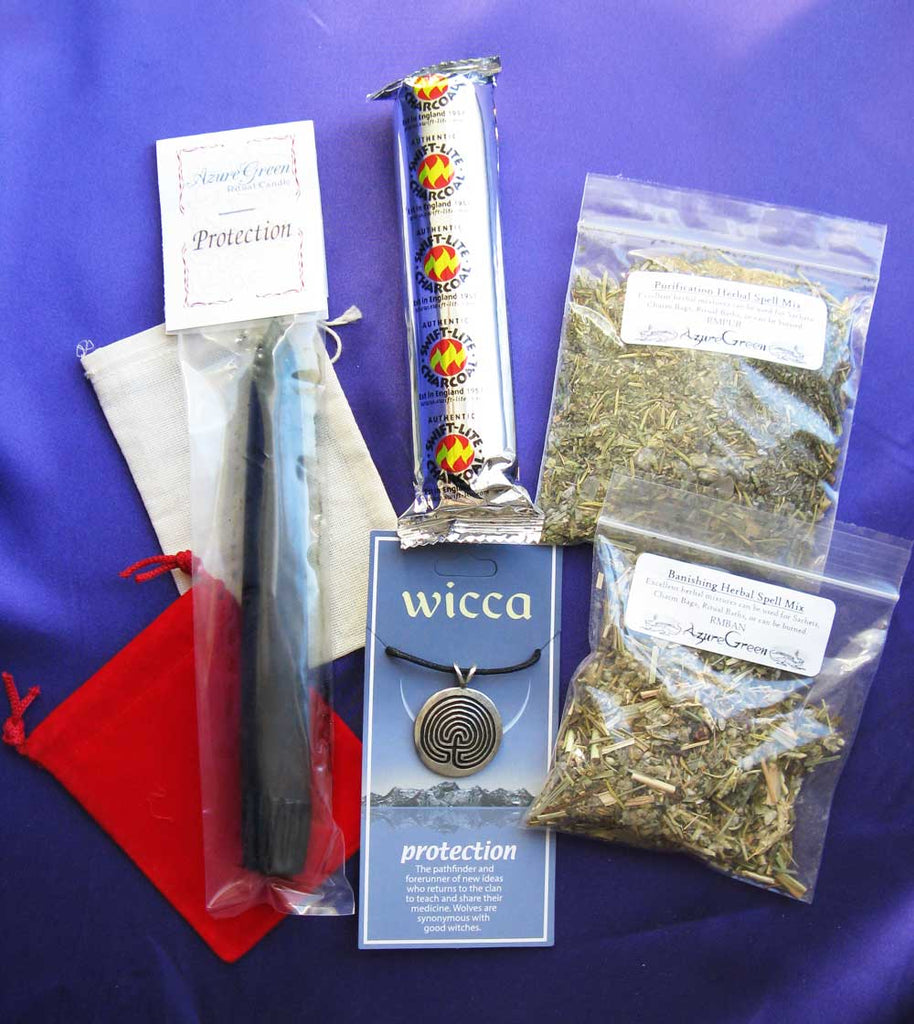 Banishing Ritual Kit w/ Instructions, herbs, protection candle, talisman, charcoal, mojo pouch.