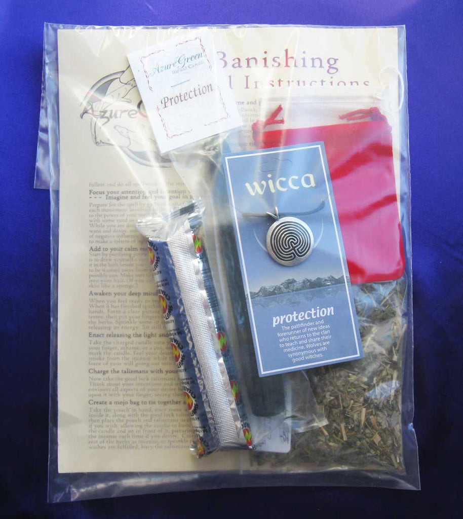 Banishing Ritual Kit w/ Instructions, herbs, protection candle, talisman, charcoal, mojo pouch.