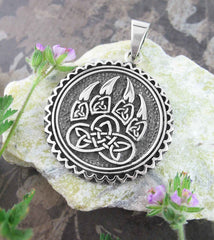 Bold Celtic Wolf Paw With Triquetra Knots Round Pendant | Woot & Hammy