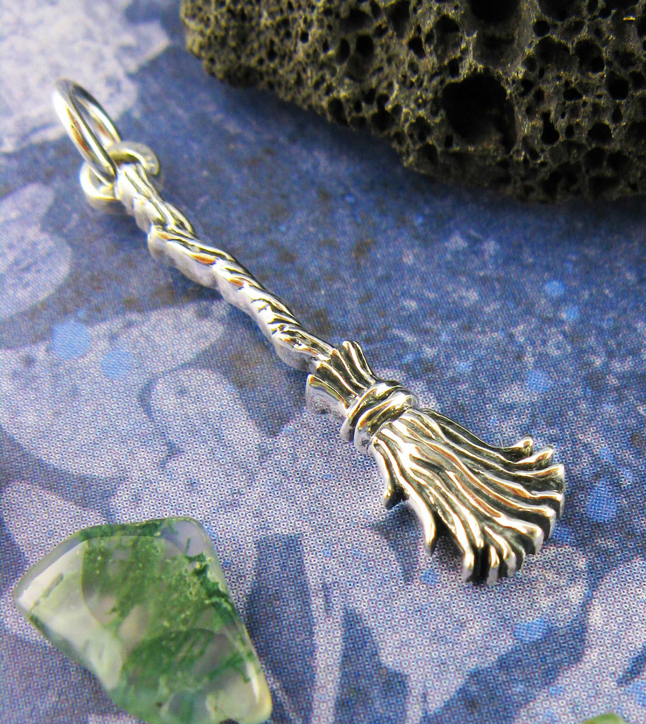 Little Witch's Broom Besom Charm Pendant Wiccan Broomstick Pagan Wicca Witchy Jewelry Goth Gothic Halloween Alternative close up of broom bristles