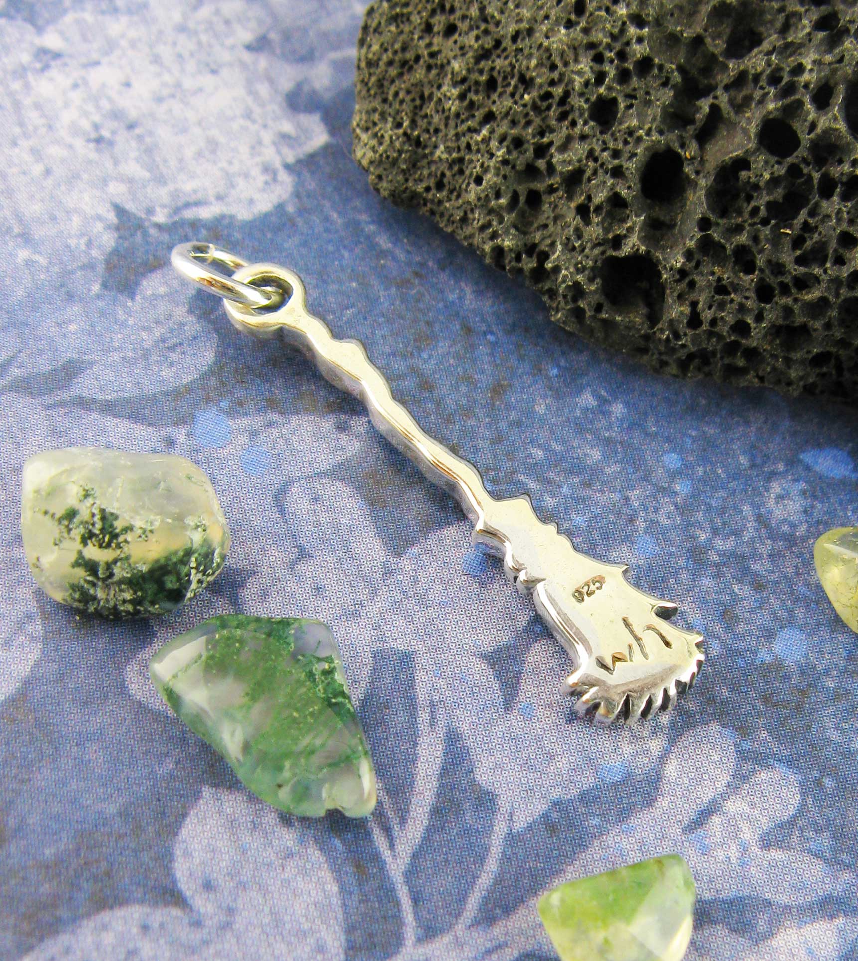 Little Witch's Broom Besom Charm Pendant Wiccan Broomstick Pagan Wicca Witchy Jewelry Goth Gothic Halloween Alternative backside with signature