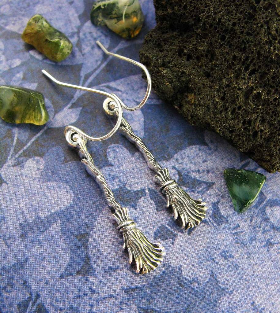 Little Witch's Broom Besom Earrings Wiccan Broomstick Pagan Wicca Witchy Jewelry Goth Gothic Halloween Alternative laying flat