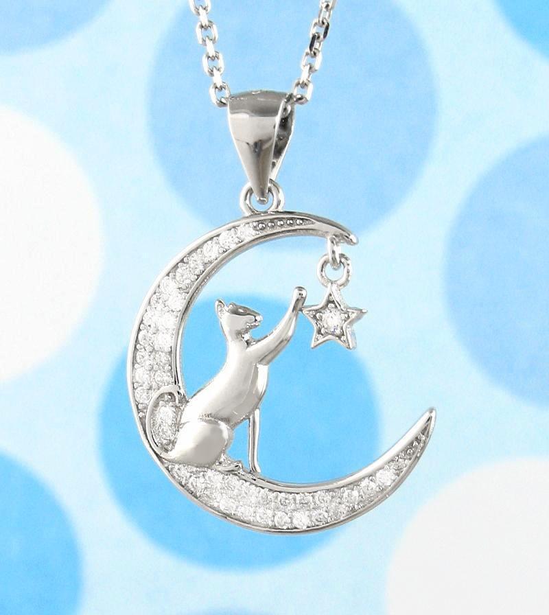 Cat Reaching for a Star on a Crescent Moon Necklace - woot & hammy