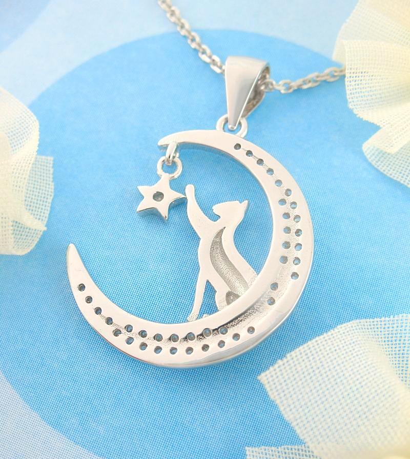 Cat Reaching for a Star on a Crescent Moon Necklace - woot & hammy