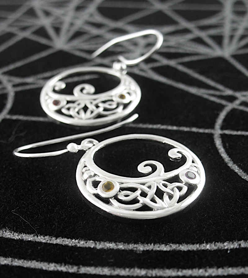 Crescent Moon Drop Earrings With Celtic Knots, Swirls & Gemstones | woot & hammy