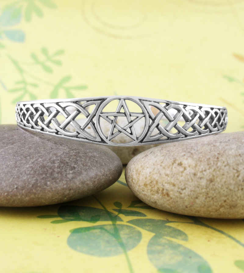 Pentacle Pentagram Open Bangle Cuff Bracelet with Celtic Knots