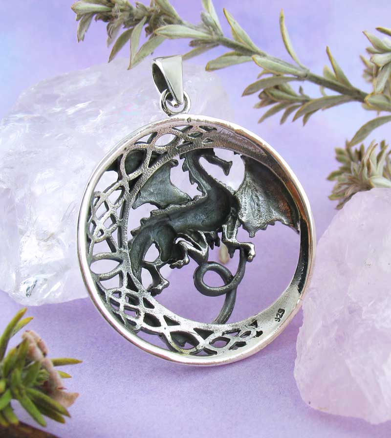 Mythical Flying Dragon Pendant With Celtic Moon