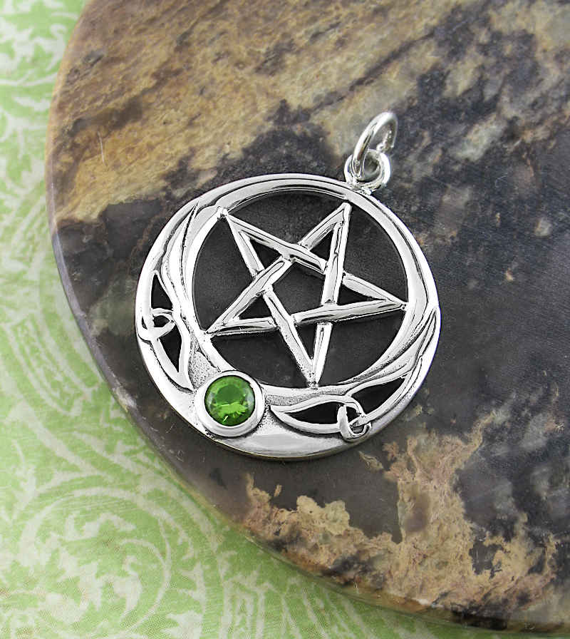 Pentagram and Crescent With Green Glass Pendant | Woot & Hammy