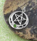 Pentacle with Upturned Crescent Moon & Green Glass Pendant