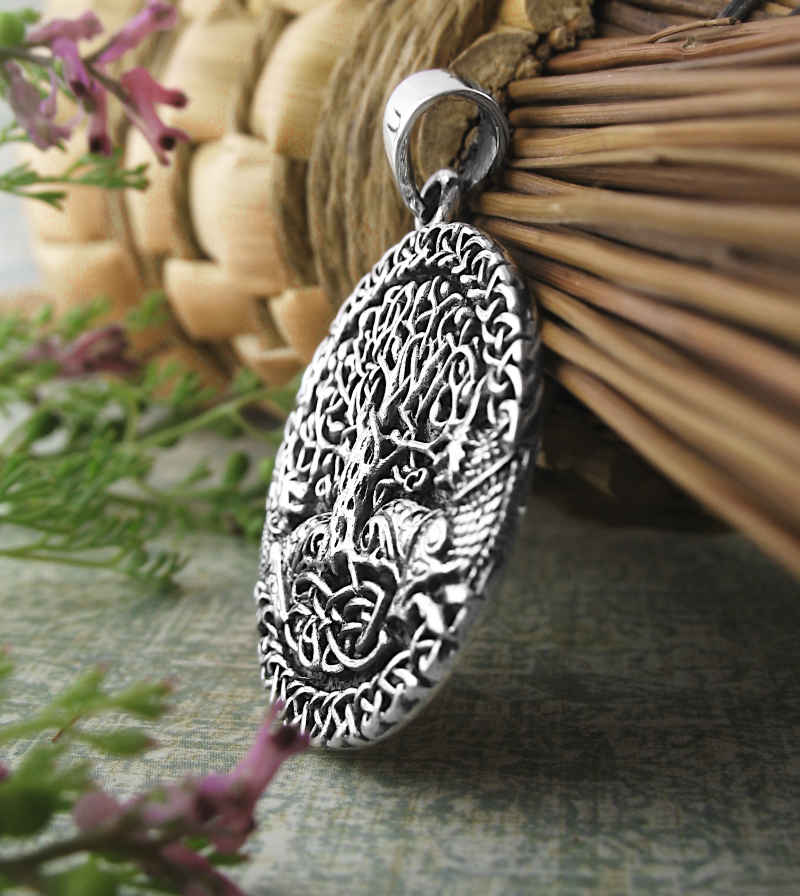Celtic Tree of Life With Wolves Oxidized Medallion Pendant