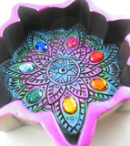 Colorful Chakra Mandala Incense Burner / Ash Catcher Metallic Crystals