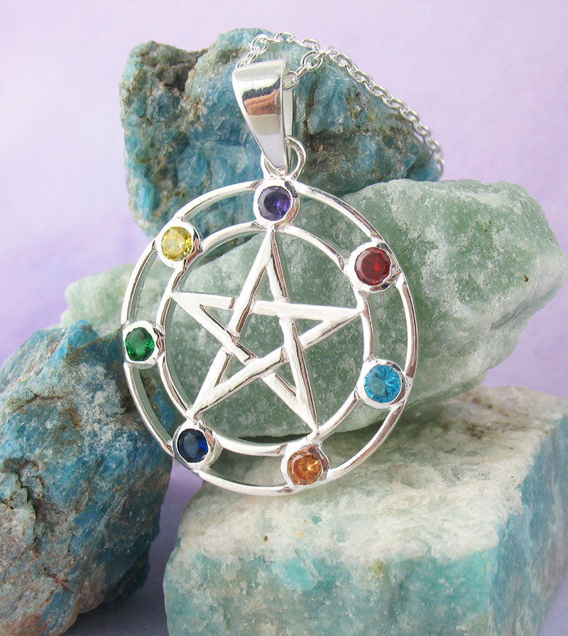 7 Chakra Pentacle Pendant Necklace Crystals Sterling Silver