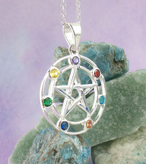 7 Chakra Pentacle Pendant Necklace Crystals Sterling Silver