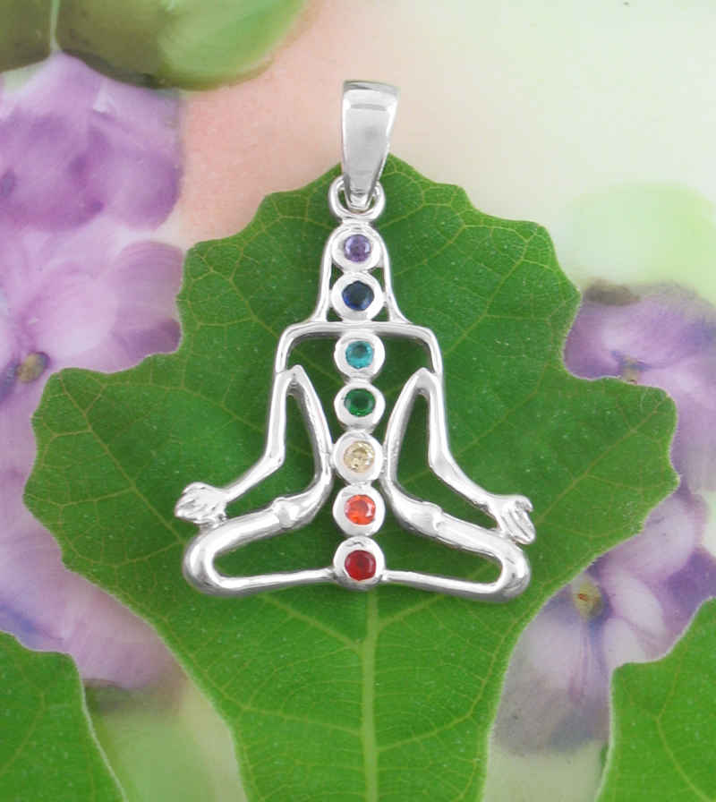 Lotus Pose Yoga Chakra Crystals Pendant Sterling Silver Necklace